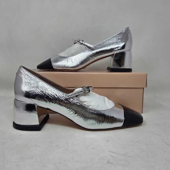 New US 9/ EU 40 Vicenza x Anthropologie colorblock Mary Jane silver patent heels - Picture 1 of 11